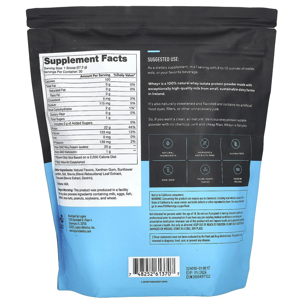 Legion Athletics Whey+, Whey Protein Powder, French Vanilla, 1.8 Lbs (816 G)