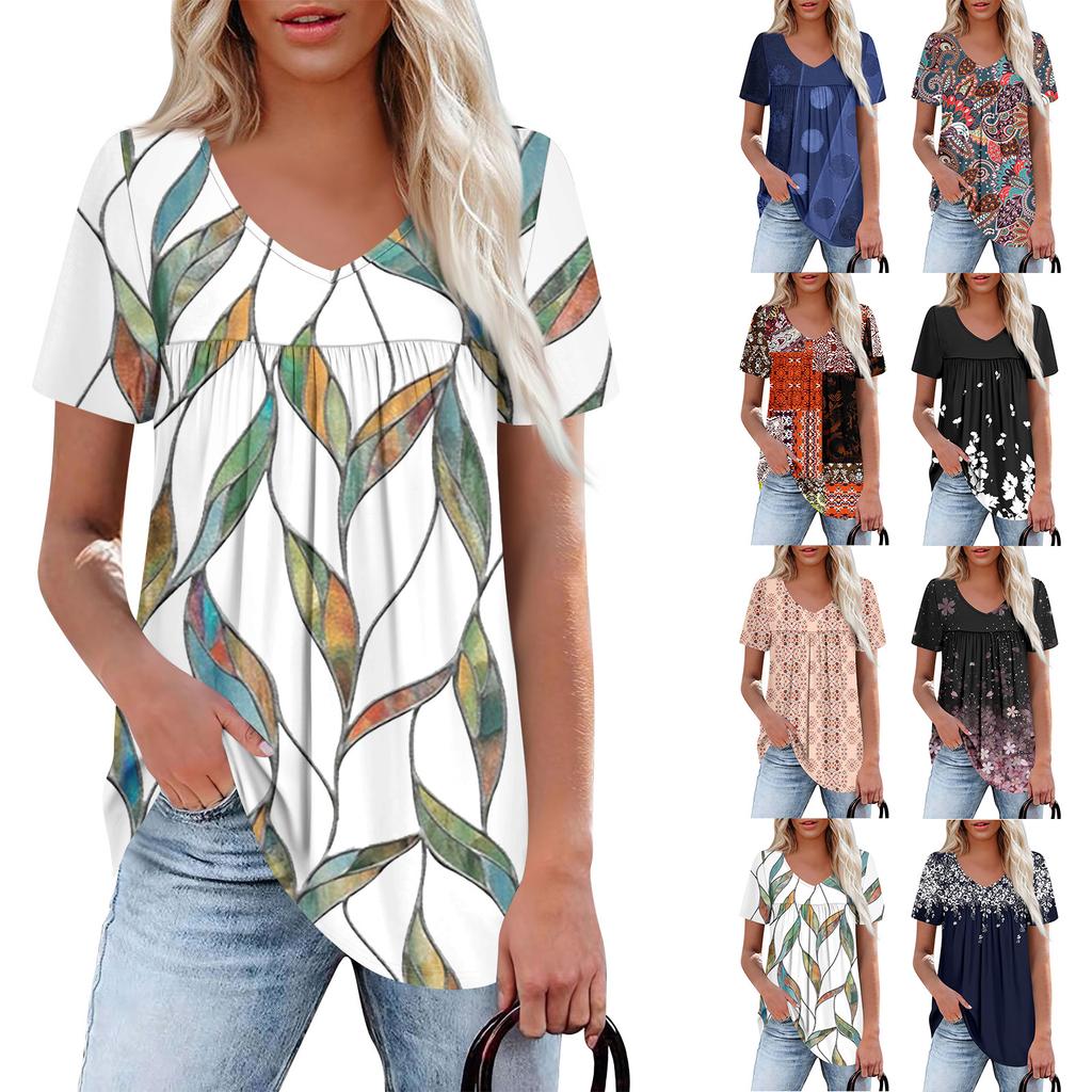 Women's Casual V-Neck Short Sleeve Chest Ruffle Printed Top