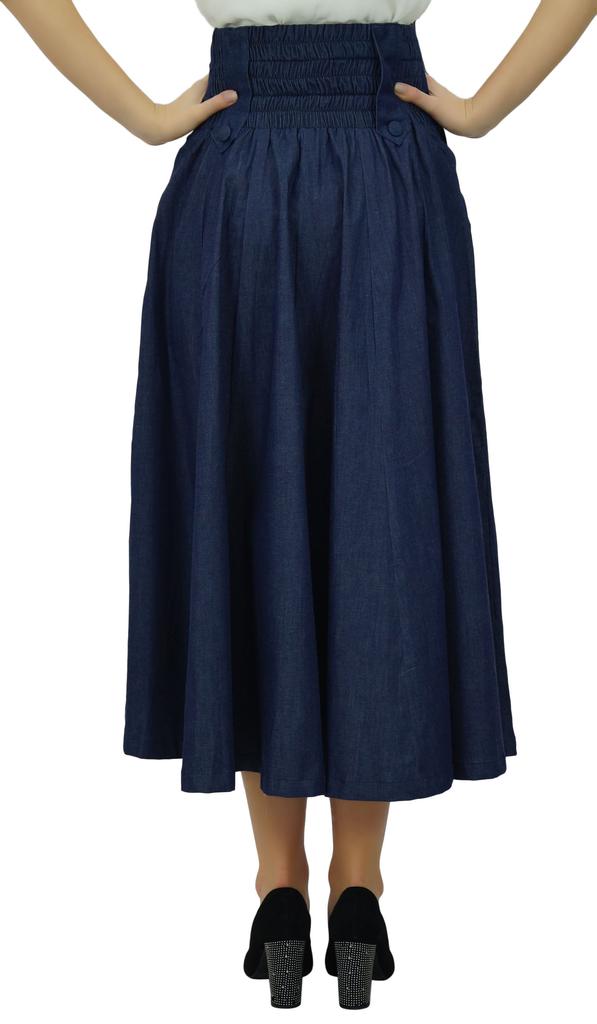 Bimba Mid-Calf High Waist Denim Skirt Long Flared A Line Retro Boho Skirts