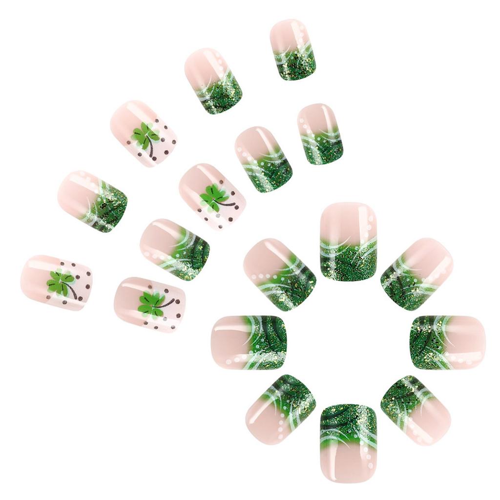 24 Pcs French Tip Press On Nail Short False Nail Shamrocks Stick On Nail Saint Patricks Day Acrylic Nail for Woman