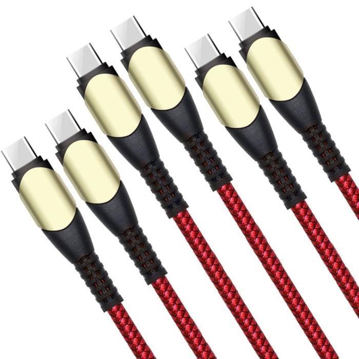 3x Câble USB-C vers USB-C 60W pour Samsung Galaxy M13 M23 5G M32 M33 M52 5G - Nylon Tressé Rouge 1M