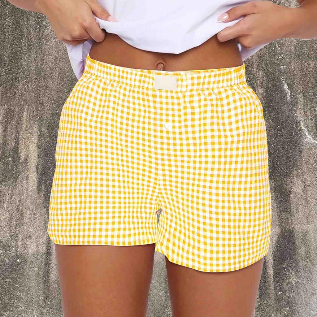 Shorts for Women Teen-girls Elastic Waistband Pull-on Red Blue Plaid Shorts Outfit Casual Lounge Summer Shorts