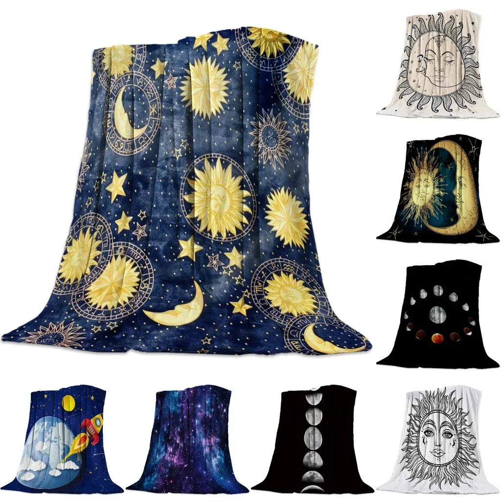 Sun Moon Blanket Throw, Planet Throws, Universe and Sky Navy Coverlet Blankets Hypoallergenic Lightweight All-Season Cozy Cover