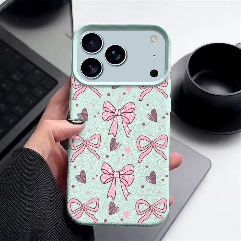 Чехол для телефона из ТПУ с текстурой кожи для iPhone 17 17e 16e 16 15 Pro Max 14 13 Pro Max 11, Розовый бант, Мягкая силиконовая задняя крышка