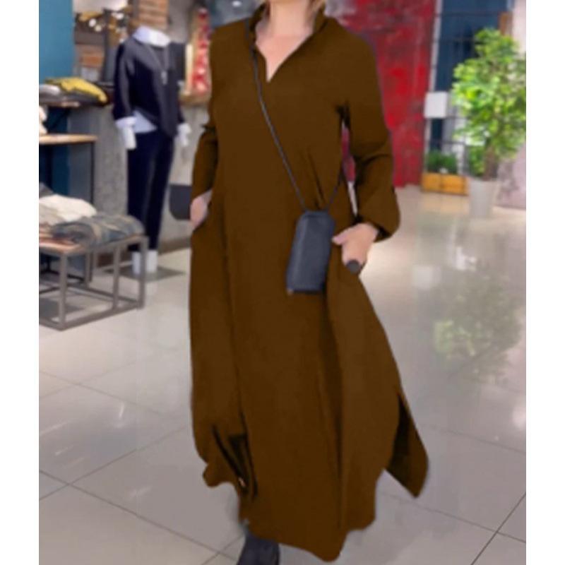 Женское осенне-зимнее повседневное платье с V-образным вырезом и длинными рукавами