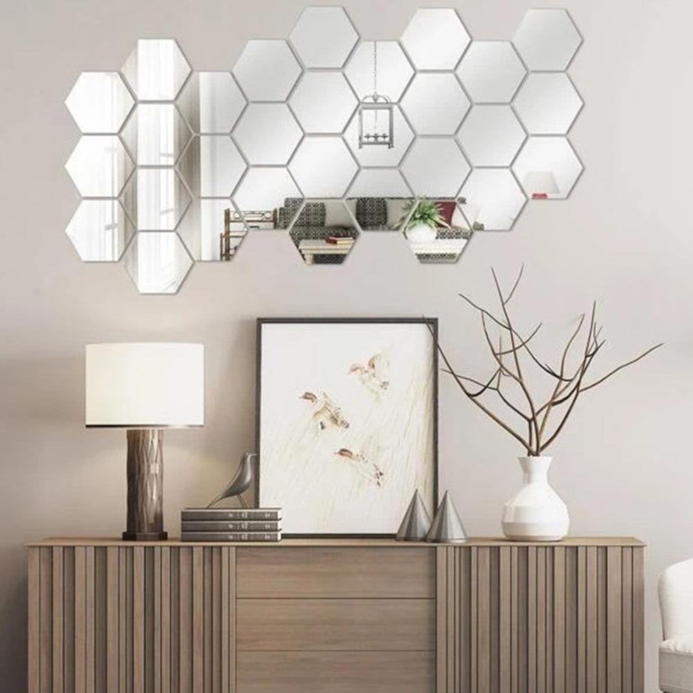 12pcs 3.15×2.76×1.57in Hexagon Mirror Wall Sticker Acrylic Self-adhesive Mirror Tile Office
