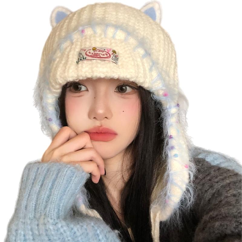 Вязаная зимняя шапка с ушками кошки Теплая удобная шапка-бини для взрослых детей Унисекс Головной убор для холодной погоды Велосипед Пеший туризм