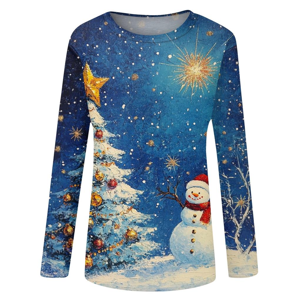 Женская мода круглый вырез пуловер с глубокими рукавами футболка с рождественским принтом топ