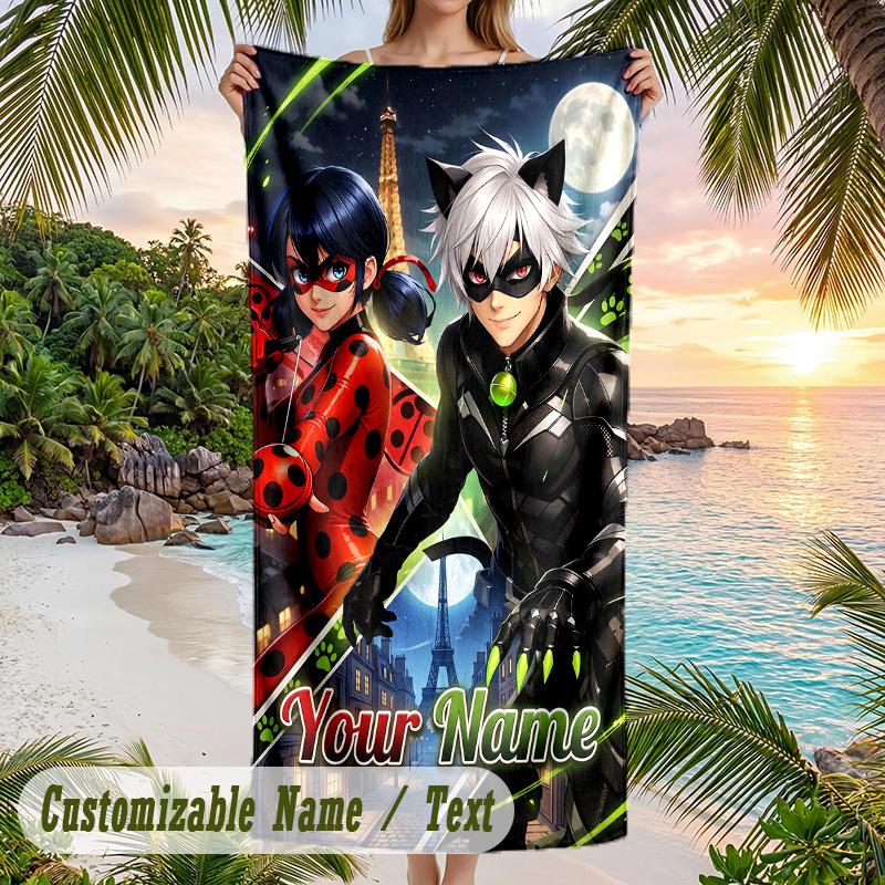 Miraculous Ladybug Beach Towel, Personalized Custom Text, Quick Dry Soft Large Towel For Swimming Pool Travel