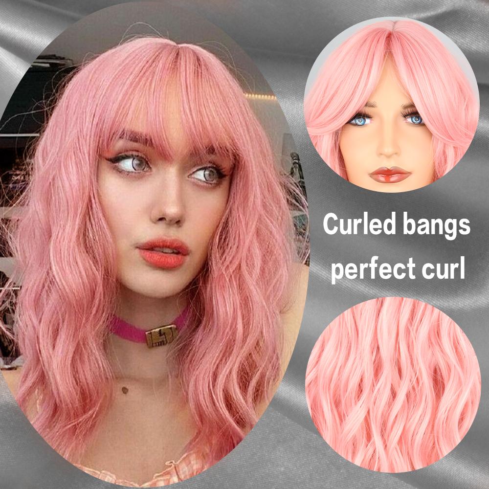 LISI HAIR Synthetic Hair Wig Pink Black Medium Wave Wig with Middle Part Bangs for Women Heat Resistant Fiber False Hair