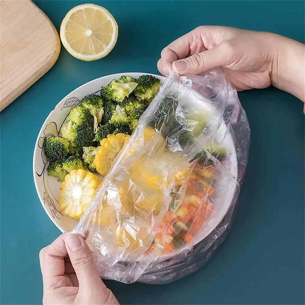 500/100Pcs Disposable Food Cover Kitchen Vegetable Fruit Fresh Lids Dust Food Grade Elastic Plastic Wrap Shower Cap Transparent