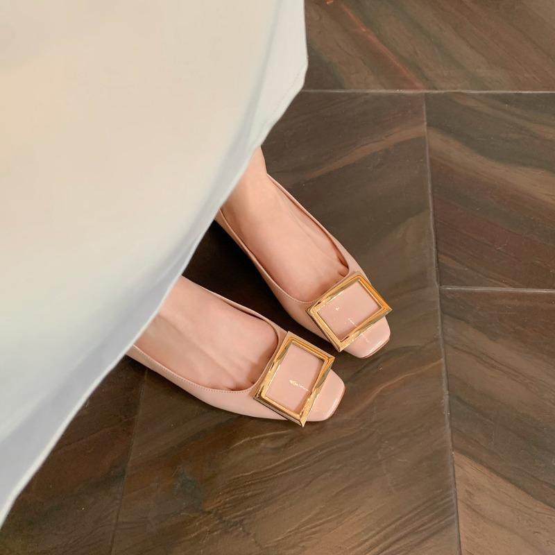 Премиальная кожа квадратный носок квадратная пряжка неглубокий вырез универсальные балетки для работы одинарные туфли женские