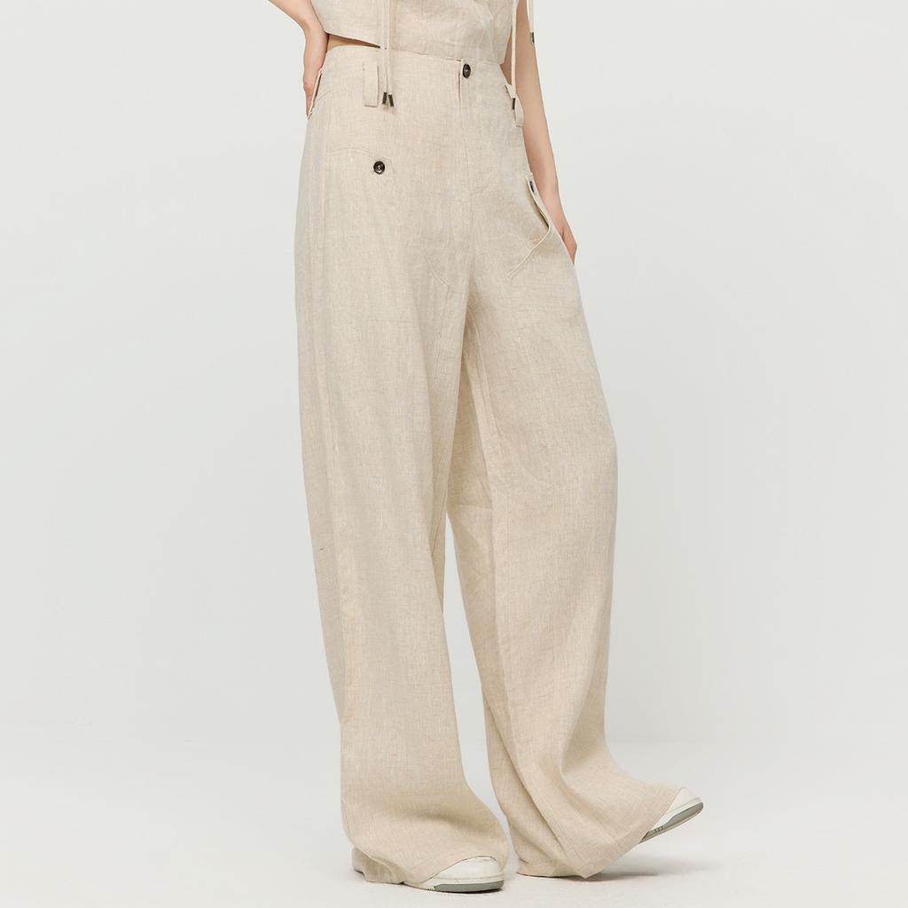 [Same as in the mall] Fashionable workwear style high waist hanging wide leg pants Spring and Autumn style simple basic linen casual pants
