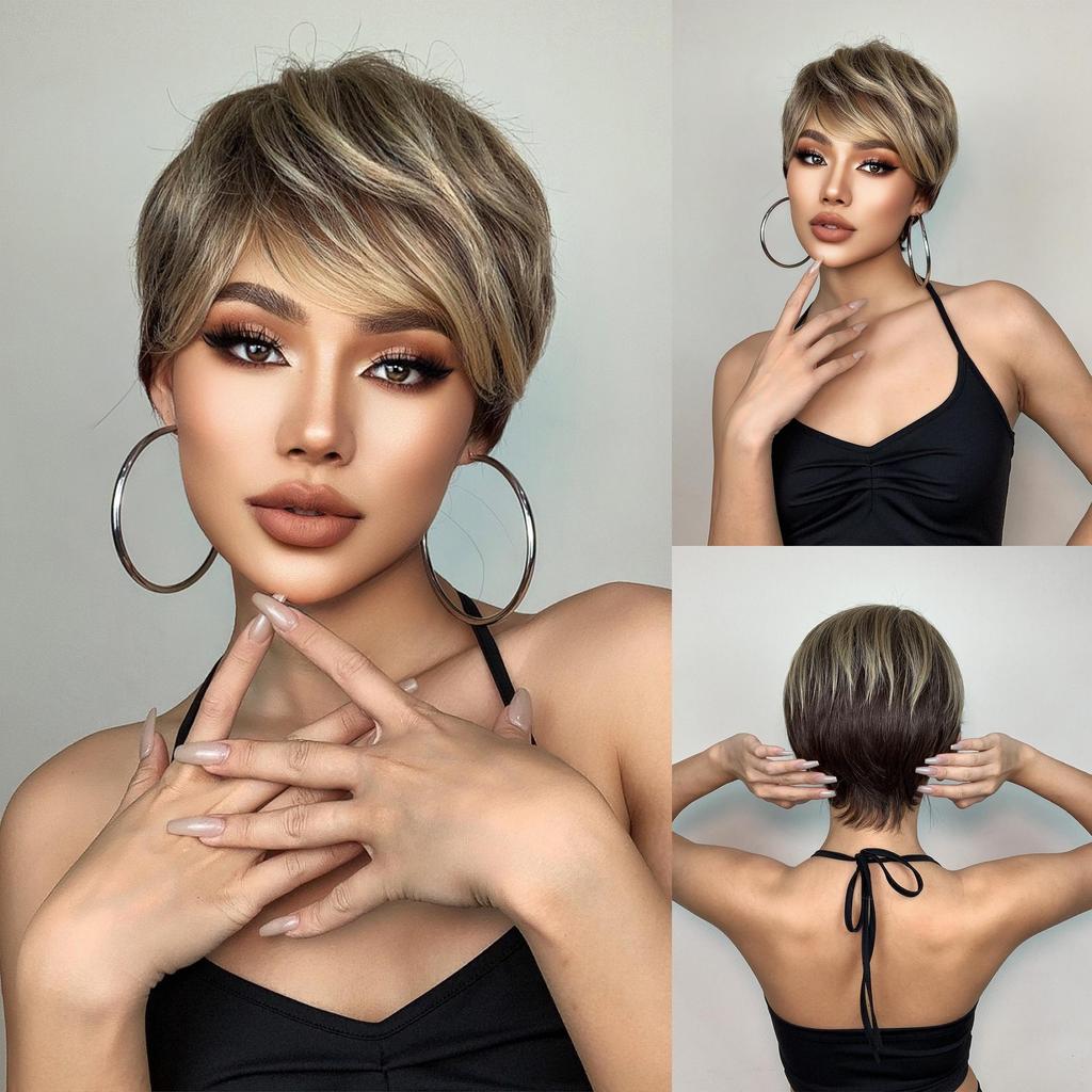 ALAN EATON Короткие прямые парики из синтетических волос с стрижкой пикси для чернокожих женщин, афро, пышные, натуральный коричневый, блондин, мелированный парик с челкой