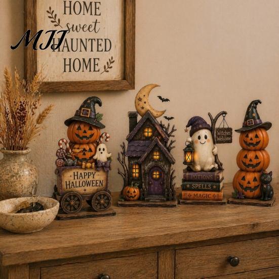 Holiday Window Ornaments Farmhouse Halloween Wooden Tabletop Decorations, Table Topper Signs, Spooky Decorative Storage Accessories Pumpkin