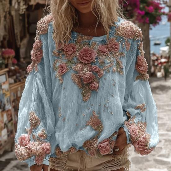 Women Tops V-Neck Lantern Long Sleeve Casual Loose Fit Shirt 3D Flower Pattern Casual Women Shirt Daily Wear