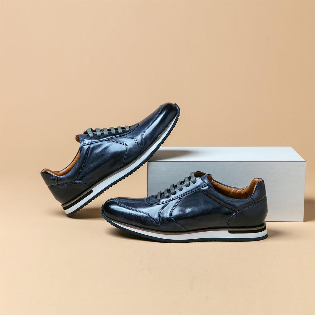 Genuine Leather Luxury Italian Business Casual Cushioned Height Size "Irodori" Men's Sneakers, Design, Style, Insole, Enhancer, IS-2202 (Navy, 26.5cm)