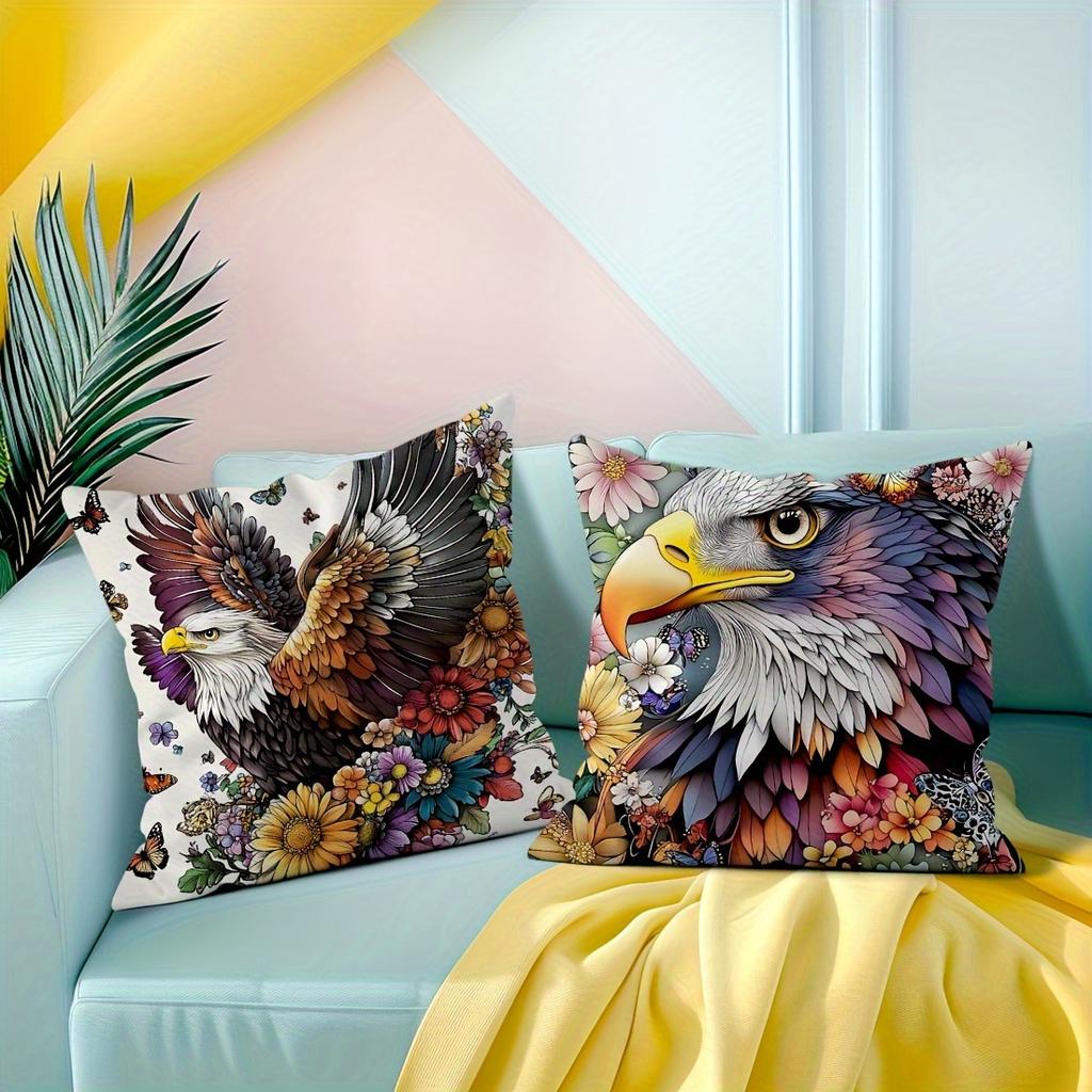 Vibrant Floral Bald Eagle Pillow Covers, Colorful Wildlife Floral Art Throw Pillow Cases, Boho Nature Home Decor Cushion Covers