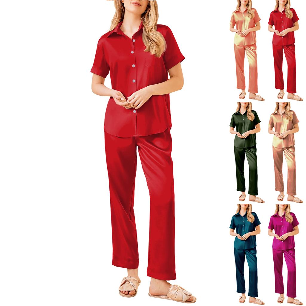 Women's Silk Solid Color Pajamas Set, Ladies Short-sleeved And Long Pants Two-piece Pajamas, Button-down Pajamas And Home Clothes