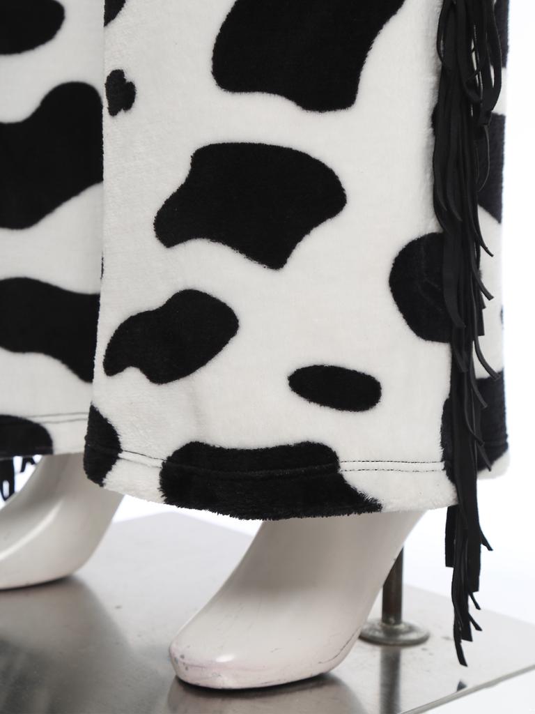 Womens Cow Spot Pattern Flannel Long Pants - with Side Tassel, Adjustable Waist, Open Crotch for Biking Riding Cowgirl Chaps Halloween Cosplay