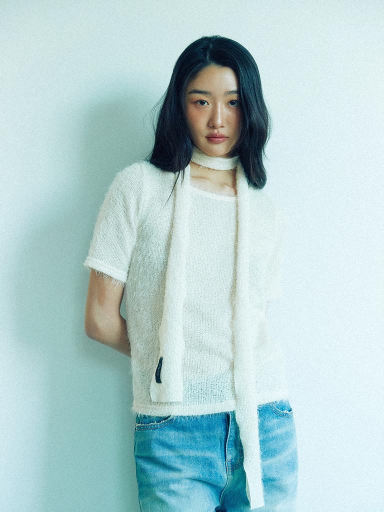 KOOKEESEE Hairy Fabric Round Neck Top (Ivory)