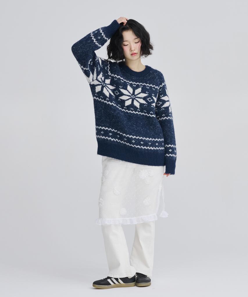 AWESOME STUDIO Nordic Snowflake Jacquard Round Knit Navy