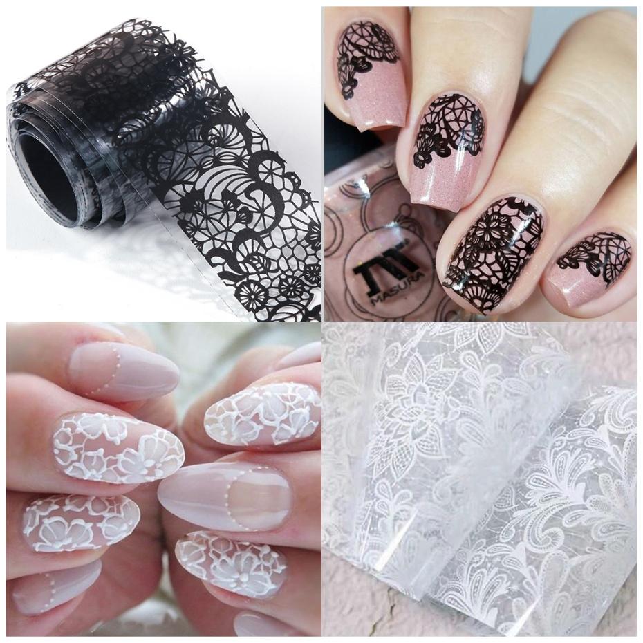 Xiaomi 10 Roll/ Box Nail Art Elegant Transfer Foil Sticker Set Black White Lace Flower Adhesive Starry Paper Manicure Gel Wraps Decals