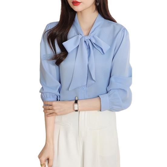 Женская рубашка со шнуровкой и бантом на воротнике, с длинным рукавом, повседневная рубашка, однотонная, свободная, шифоновая рубашка, топы, повседневная одежда