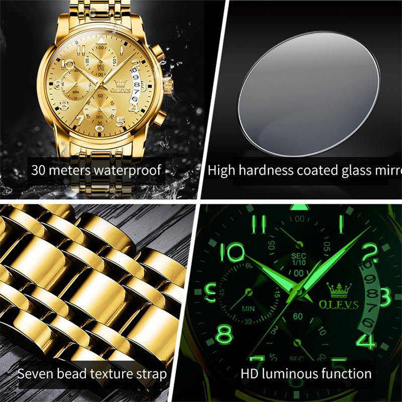 OLEVS Luxury Top Brand Watch for Men's Waterproof Sports Stainless Steel Chronograph Wristwatches Gold New Fashion Reloj Hombre