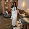 LYRIA Elegant Contrasting Women Knit Maxi Dress Chic O-neck Short Sleeve Metal Buttons Bodycon Dresses Office Lady Commuting Robe