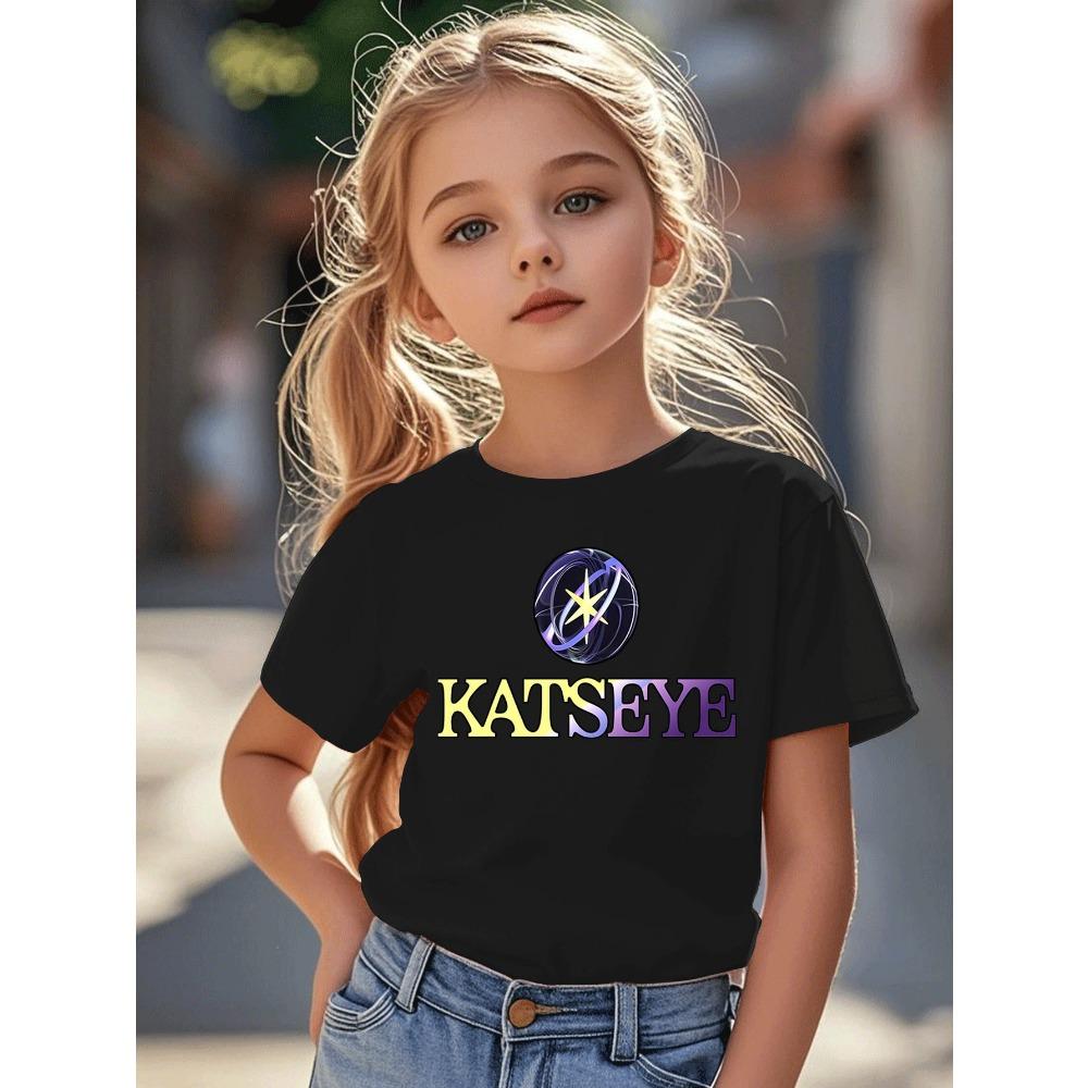 Футболка с принтом логотипа KATSEYE Повседневный летний топ с узором «Кошачий глаз» Короткий рукав Подходит для детей и вечеринок