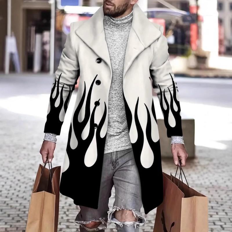 Mens Slim Fit Mid-Length Wool Blend Coat Striped Printed Casual Winter Outerwear 24-35 Years Old