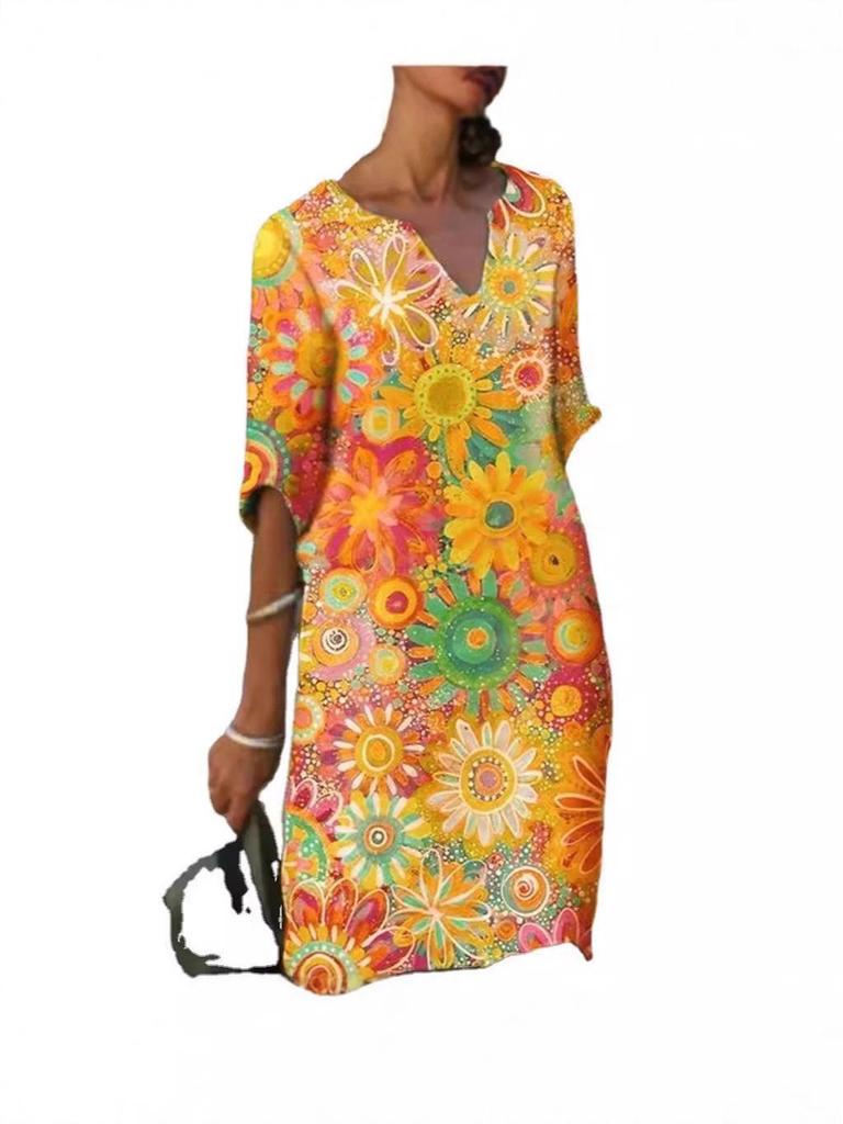 2025 Ретро Художественное Платье с V-образным вырезом, свободного кроя, с рукавами пять четвертей, большого размера