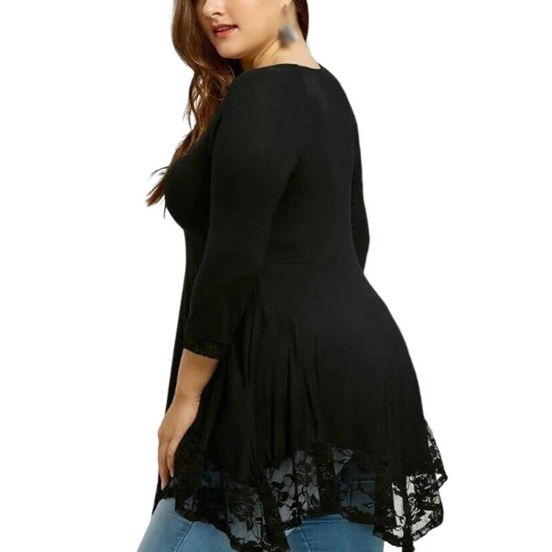 Женская свободная рубашка размера плюс с длинным рукавом, туника, топы с круглым вырезом, кружевная блузка с баской, струящиеся свободные рубашки, сплошной цвет