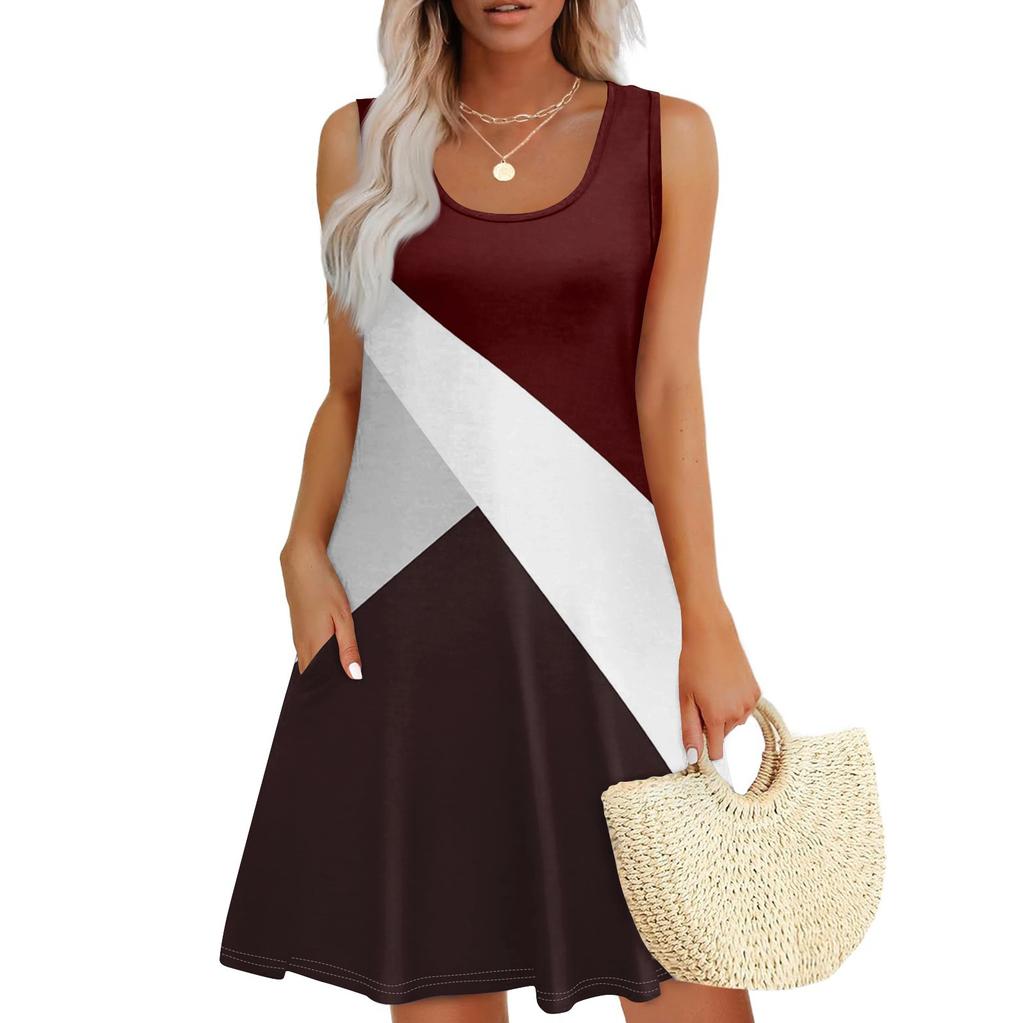 Женское летнее повседневное платье с квадратным вырезом и принтом в стиле пэчворк, платье без рукавов с карманами