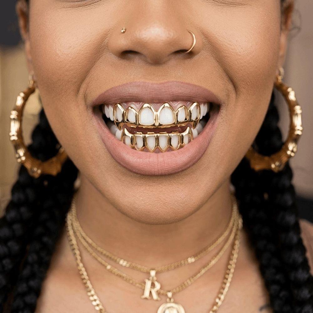 Экологичные Медные Полые Зубы Grillz Набор Верхний Нижний Противоскользящие Зубы Украшения Рэпер