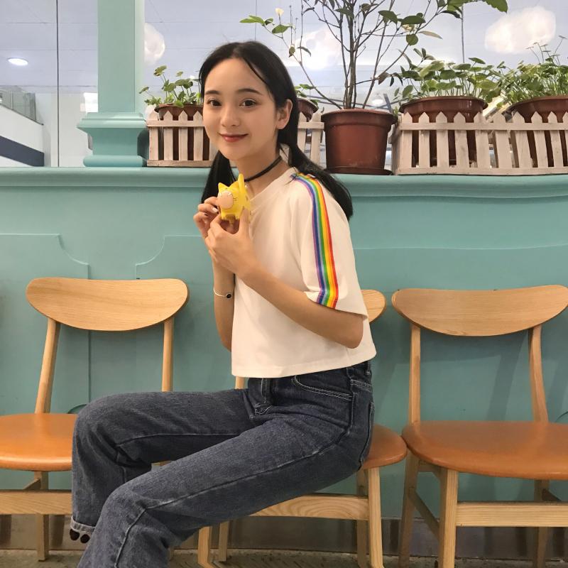 Новая летняя корейская версия свободная футболка с коротким рукавом и высокой талией для студенток, женский принт, короткий топ, открывающий живот