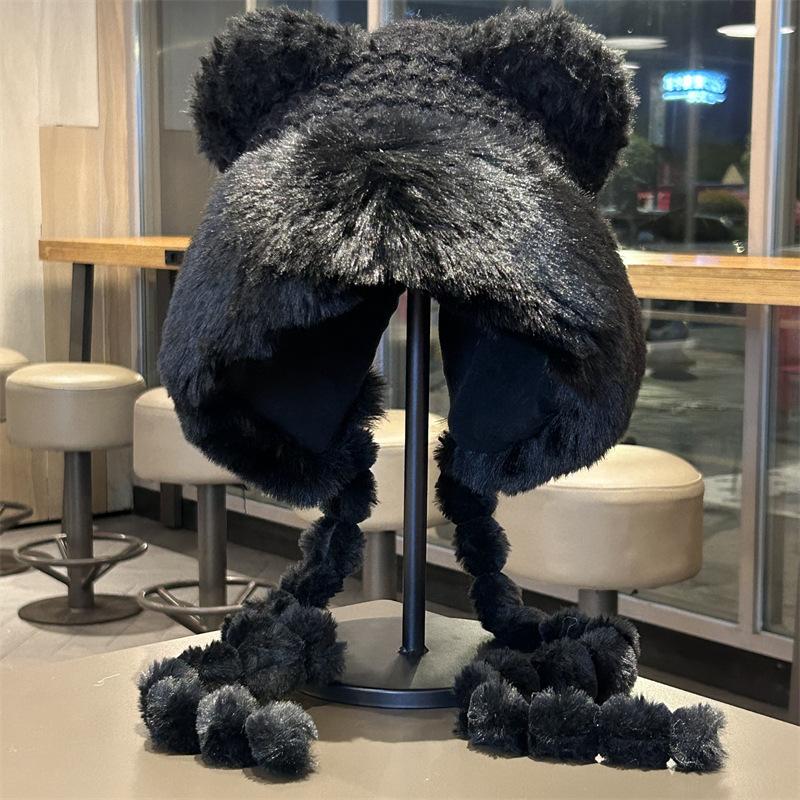 Winter warm ear protection cute plush hat women's plush thickened knitted wool hat imitation fur show face small Lei Feng hat