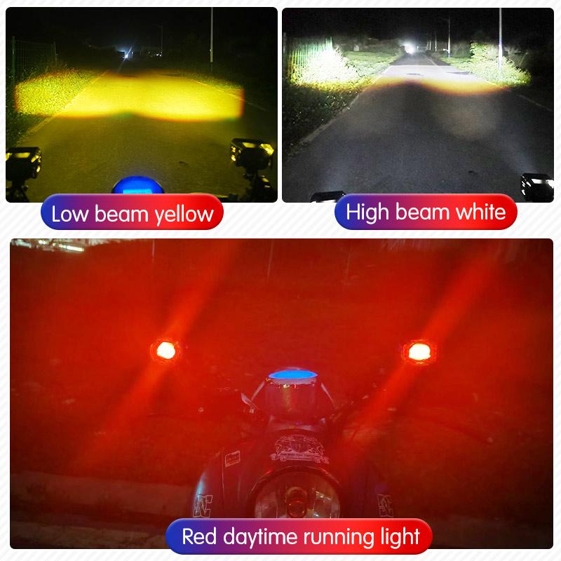 60W Motorcycle LED Spotlight With Red DRL Yellow White High and Low Beam Fog Lights For Car Motorbike Truck Trailer Off-road 12V 24V