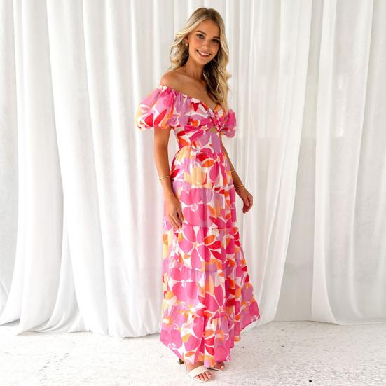 Women Evening Dress Bubble Sleeves Low-cut Off Shoulder Colorful Print A-line Big Hem Patchwork Hollow Out Pleated