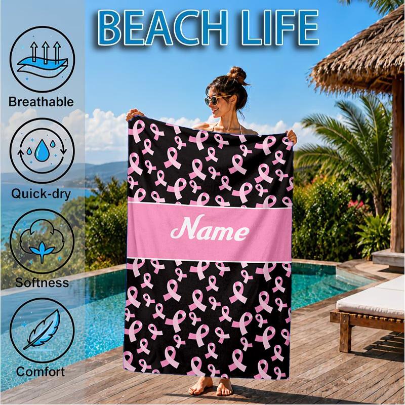Custom Name Pink Ribbon Awareness Beach Towel Microfiber Beach Towel, Lightweight and Quick-Dry, for Summer Travel, Swimming Pool Gift