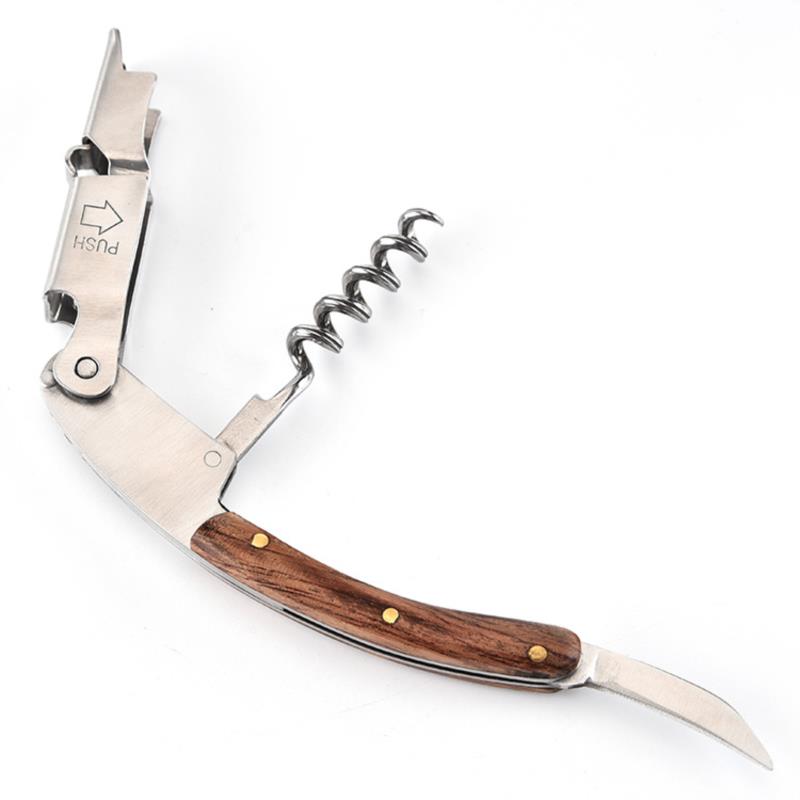 Kitchen Wine Bottle Opener Wood Handle Corkscrew Open Easy Stainless Steel Knife