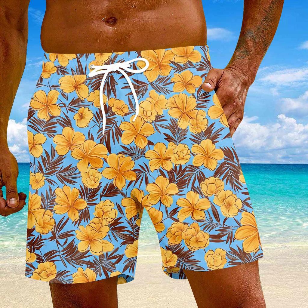 Men's Fashion Hawaiian Print Elastic-Waisted Casual Yoga Pants Beach Shorts