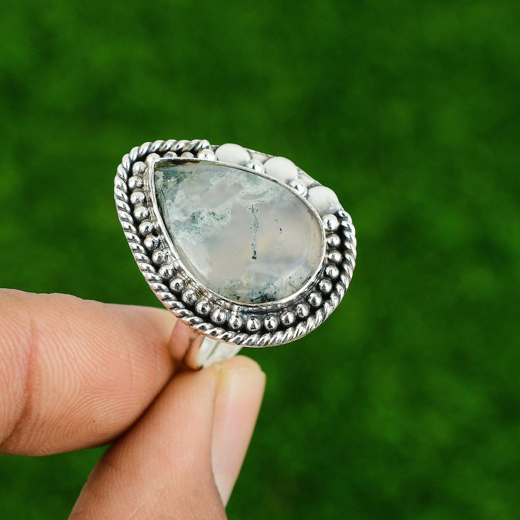 925 Sterling Silver Pear Solar Moss Agate Stone Unique Bezel Trendy Ring Jewelry