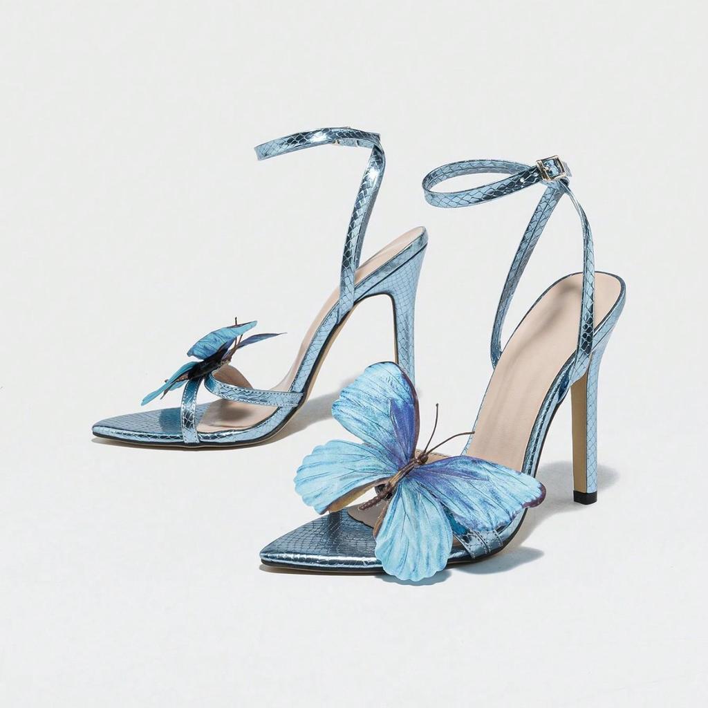 Остроносые трехмерные босоножки-стилетто женская обувь синие высокие каблуки