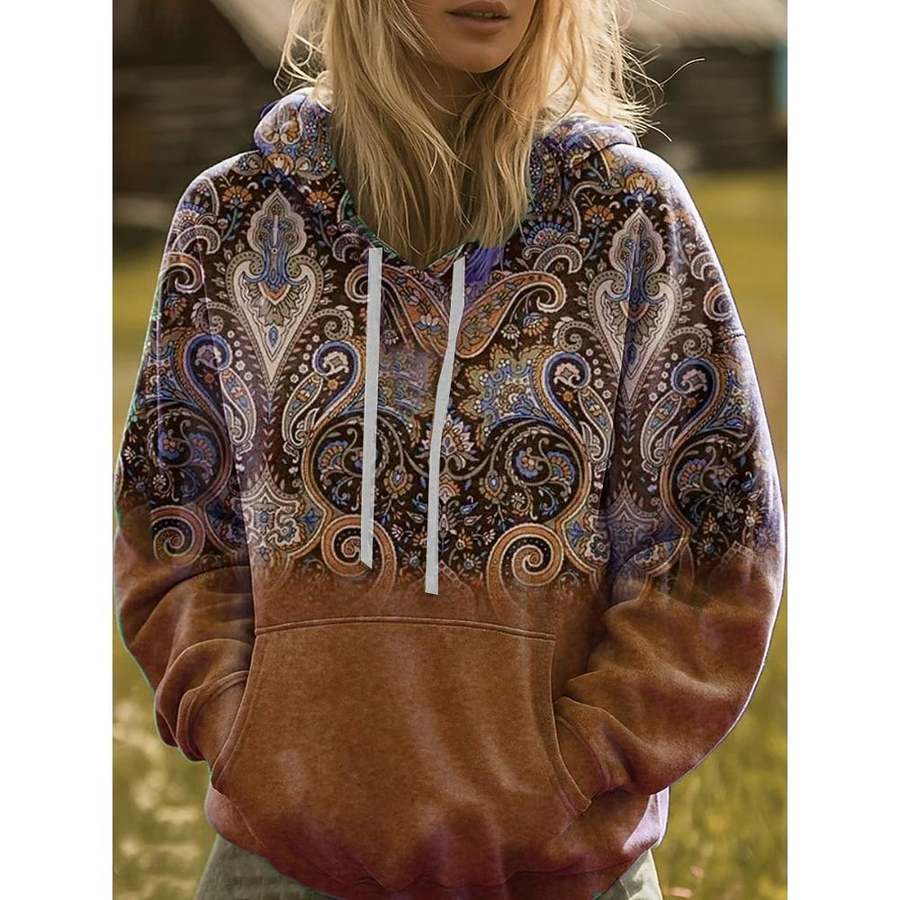 Women Fleece Hoodie Boho Paisley Gradient Print Long Sleeve Drawstring Hooded Sweatshirt Casual Pullover