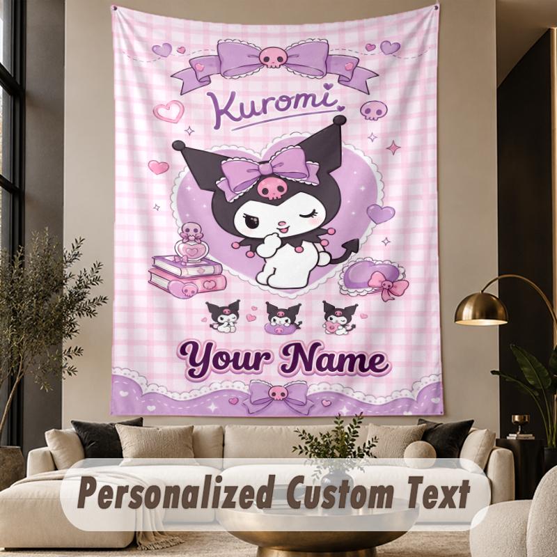 Custom Text Printed Tapestry Kuromi Pattern Large Wall Hanging Indoor Room Decor