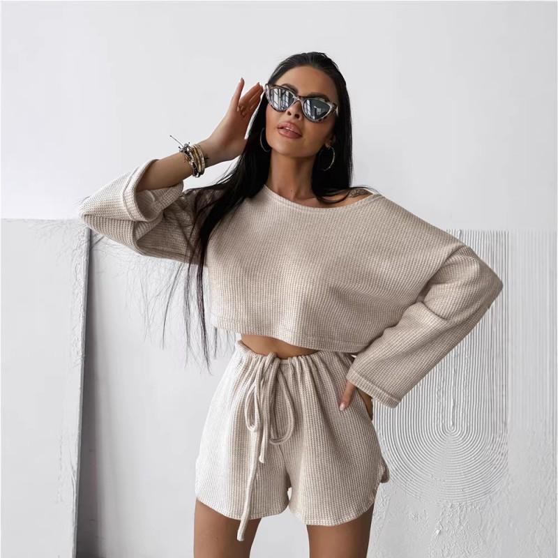 Womens 2026 Loose Comfortable Long Sleeve Top Shorts Set Pure Color Casual Lounge Wear