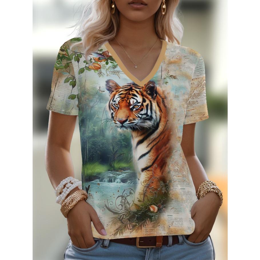 Футболки женские с коротким рукавом 3D принтованный топ праздничный анималистичный узор выходные базовая футболка с V-образным вырезом летняя