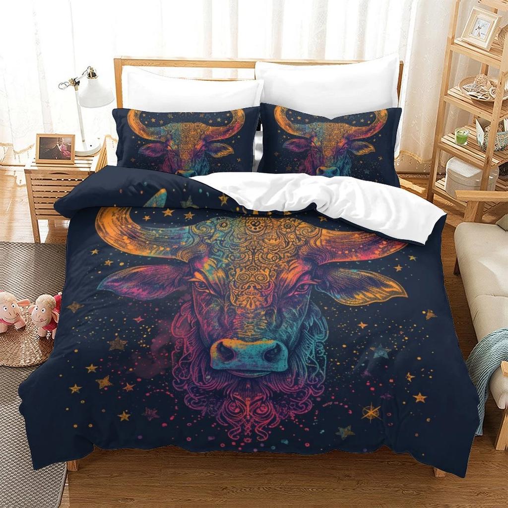 Colorful Psychedelic Bull Duvet Cover Set, Starry Night Bedding Set, Boho Animal Home Decor, Unique Gift for Bedroom, King/Queen/Twin Size Bed Cover